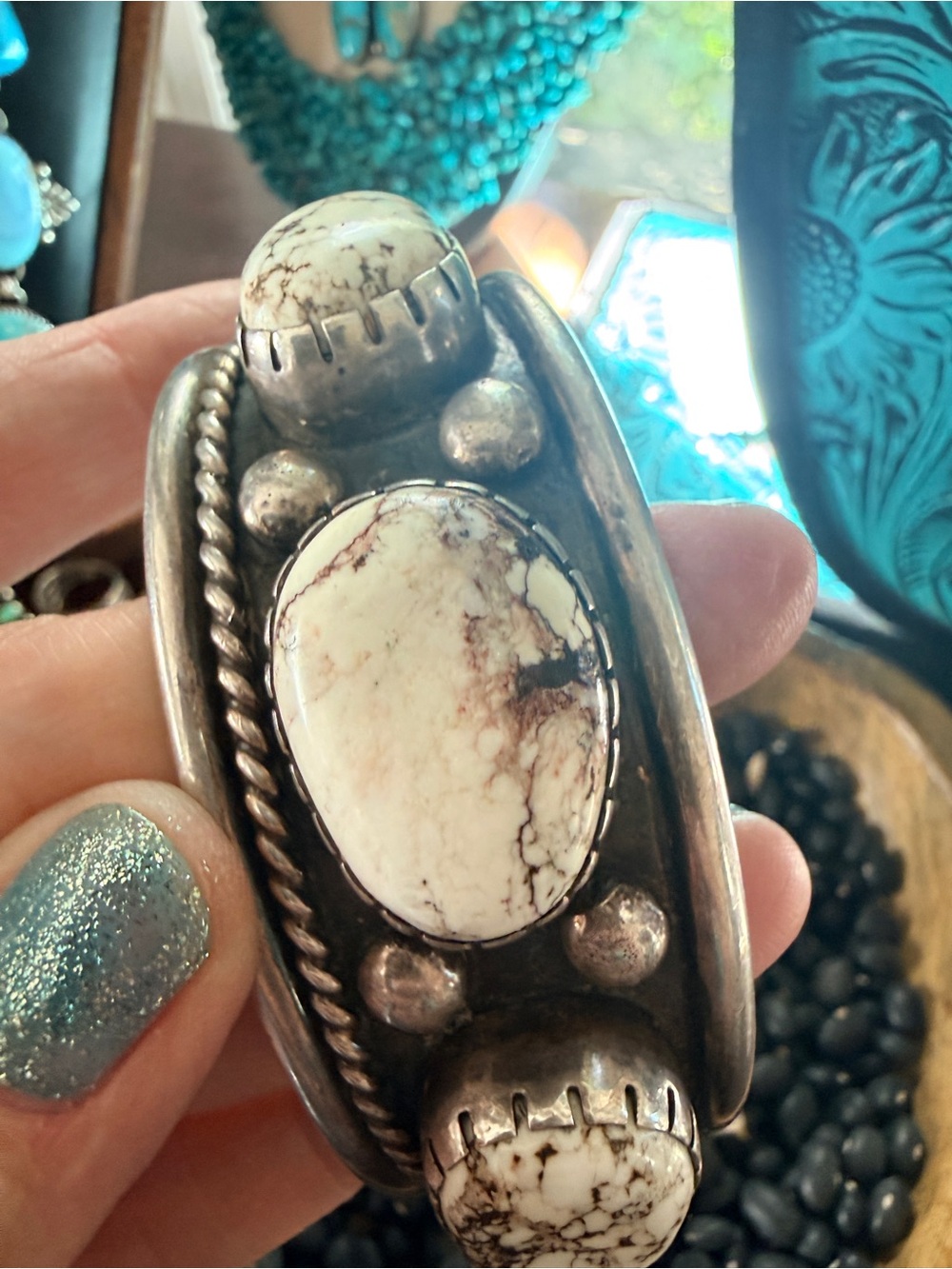 Native made white buffalo / wild horse Cuff Bracelet - Picture 5 of 6